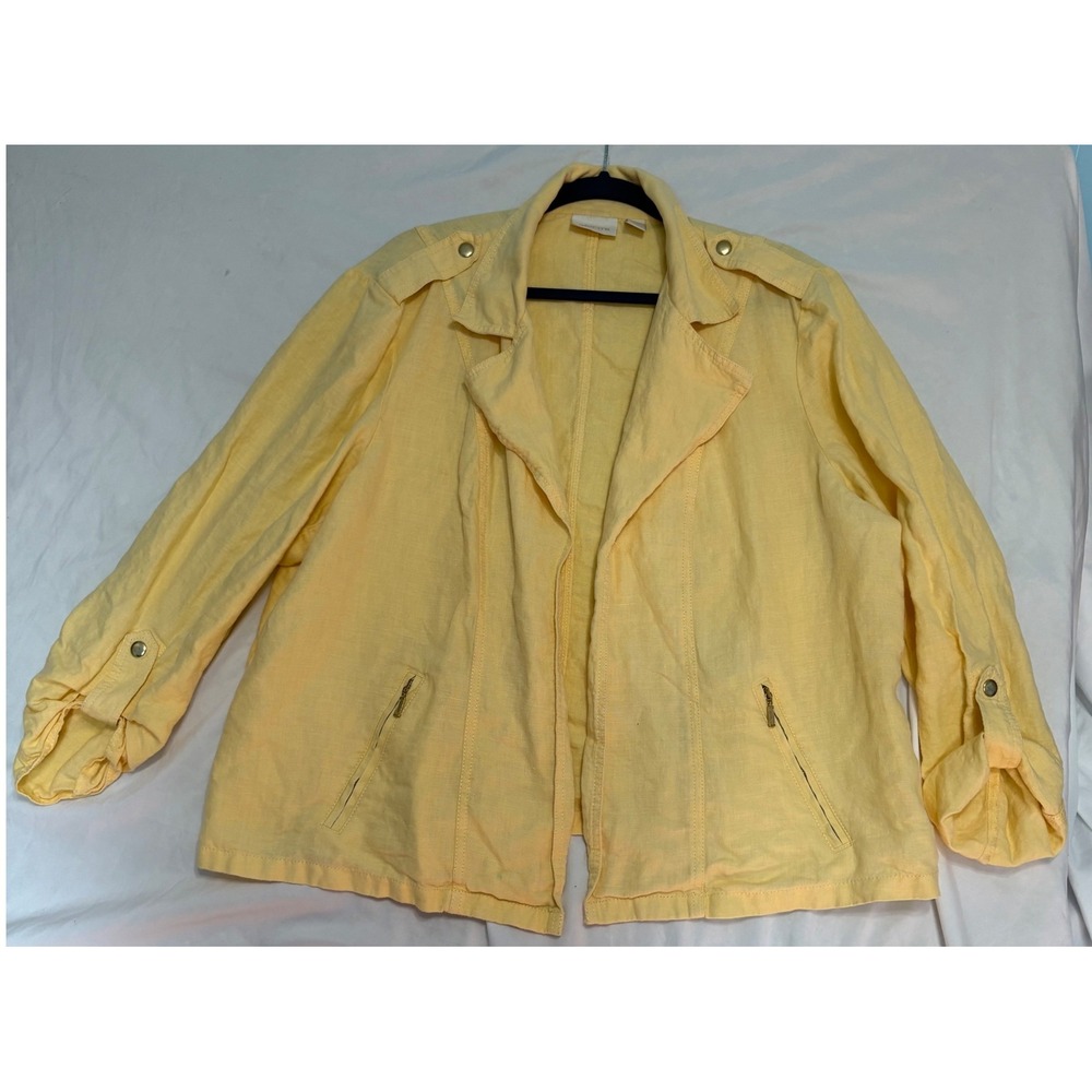 Chico's Linen Jacket Womens 4 Epaulet Zip Pocket Button Tab Roll Sleeve Yellow
